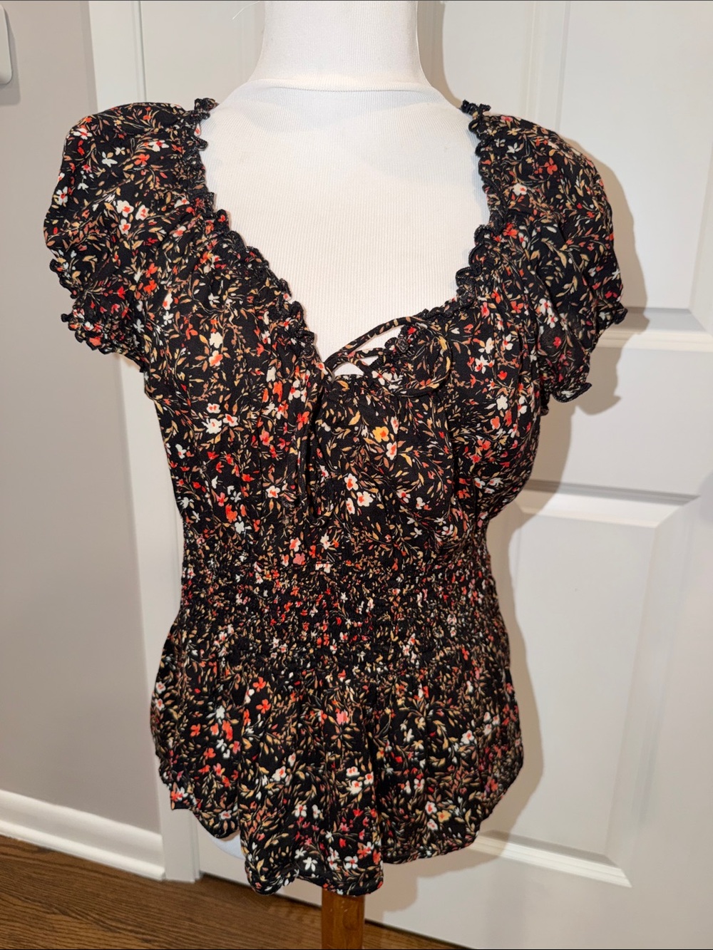 Old Navy Black Floral Smocked Peplum Blouse
